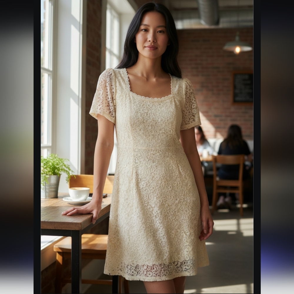 Arizona Jean Company Women's Cream Lace Mini Dress Size--Large